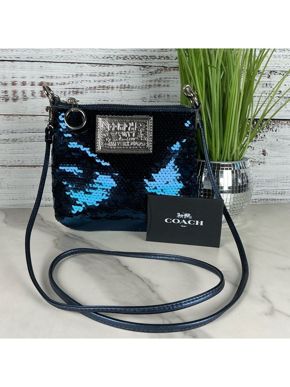 Coach Vintage Poppy Sequins Metallic Blue Sequin‎ Crossbody Bag - Picture 2 of 11